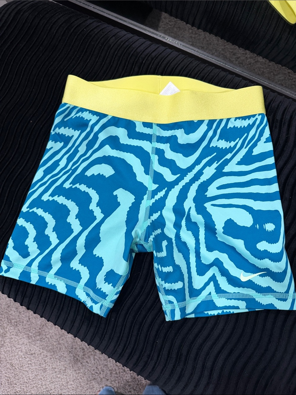 Nike Turquoise Zebra-Print Kids' Athletic Shorts with Yellow Waistband